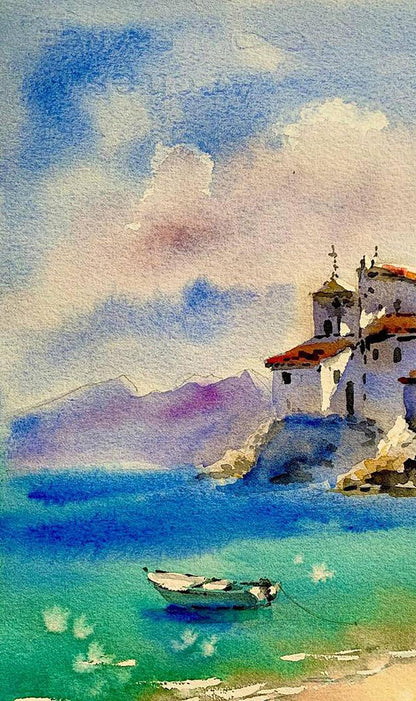 Watercolor painting Stone City on the Shore Olena Klimenko