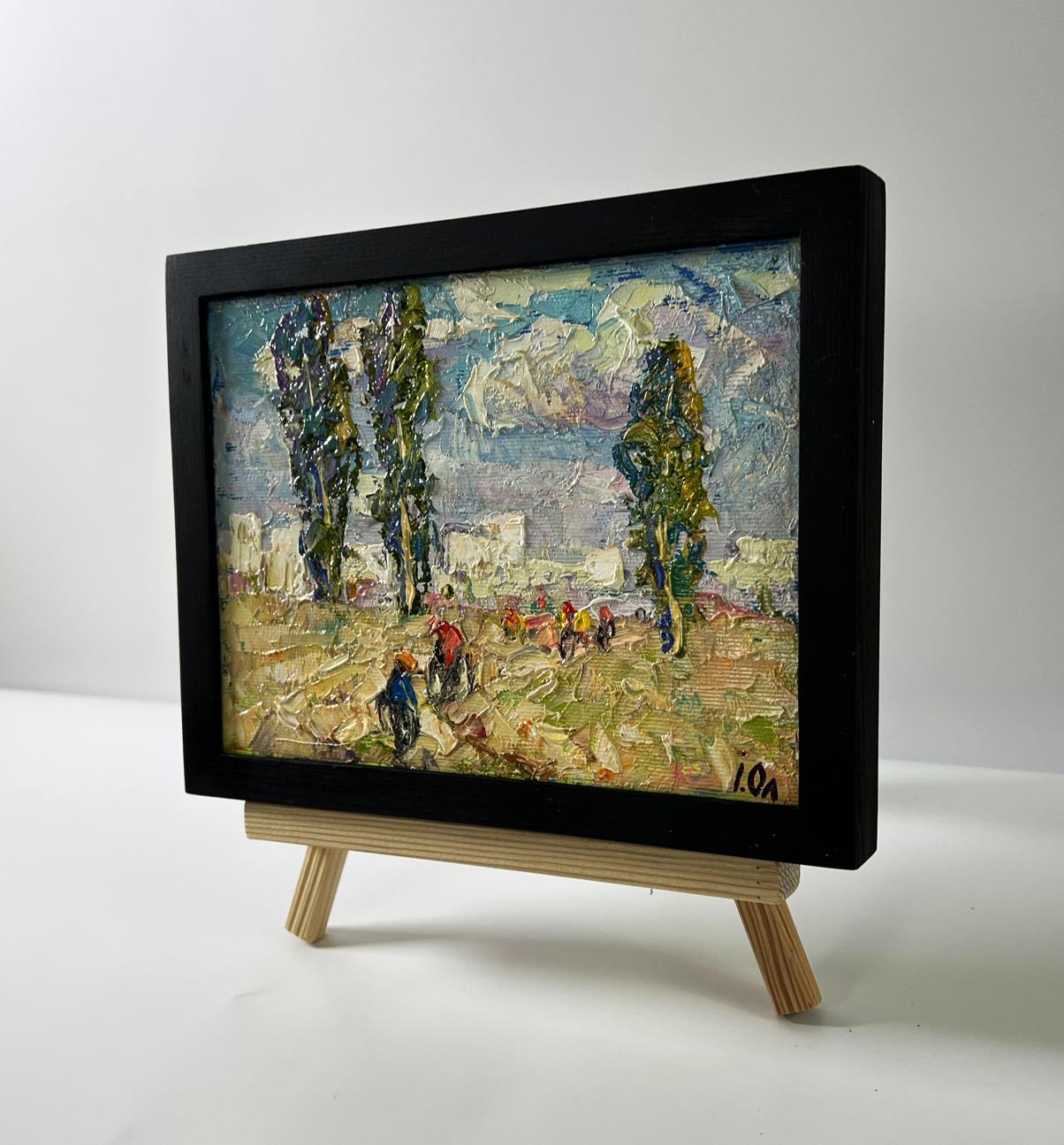 Oil painting Heat outside the city by Oleksiy Ivanyuk, cyclists landscape