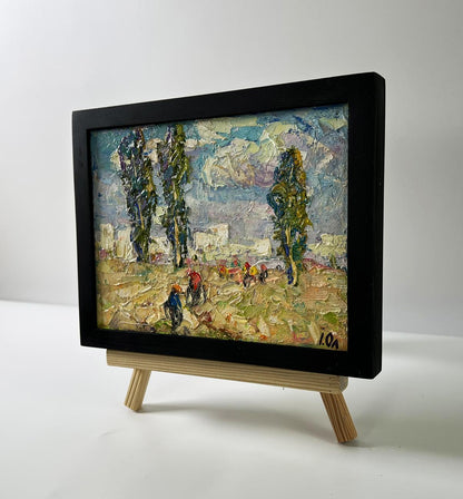 Oil painting Heat outside the city by Oleksiy Ivanyuk, cyclists landscape