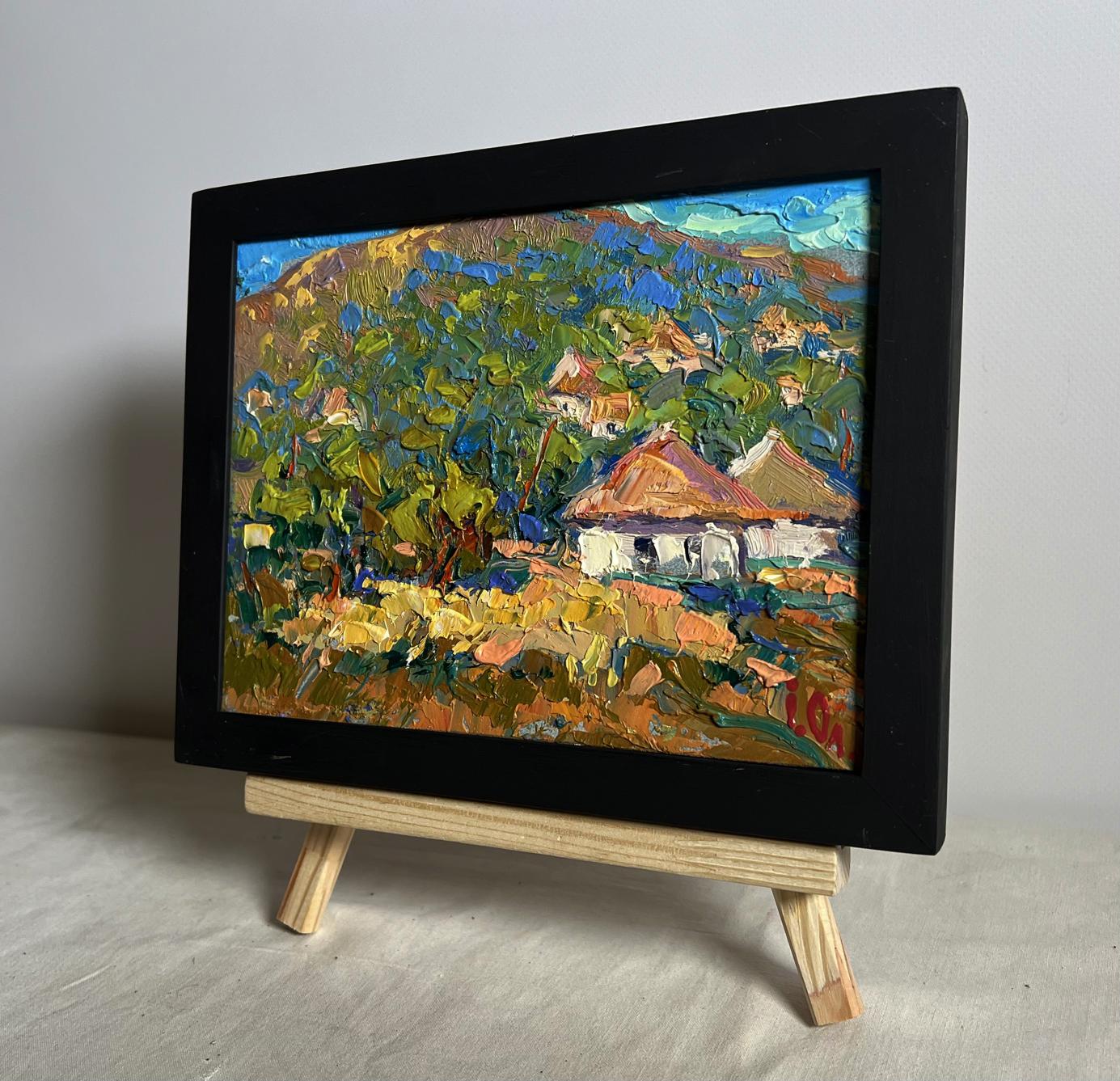 Oil painting There is a village under the mountain by Oleksiy Ivanyuk in black frame