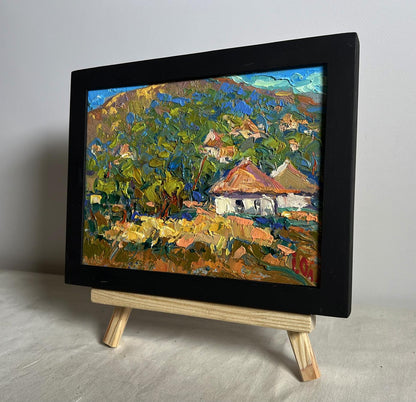 Oil painting There is a village under the mountain by Oleksiy Ivanyuk in black frame