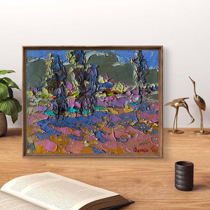 Vibrant Oleksiy Ivanyuk oil painting of village field in wooden frame