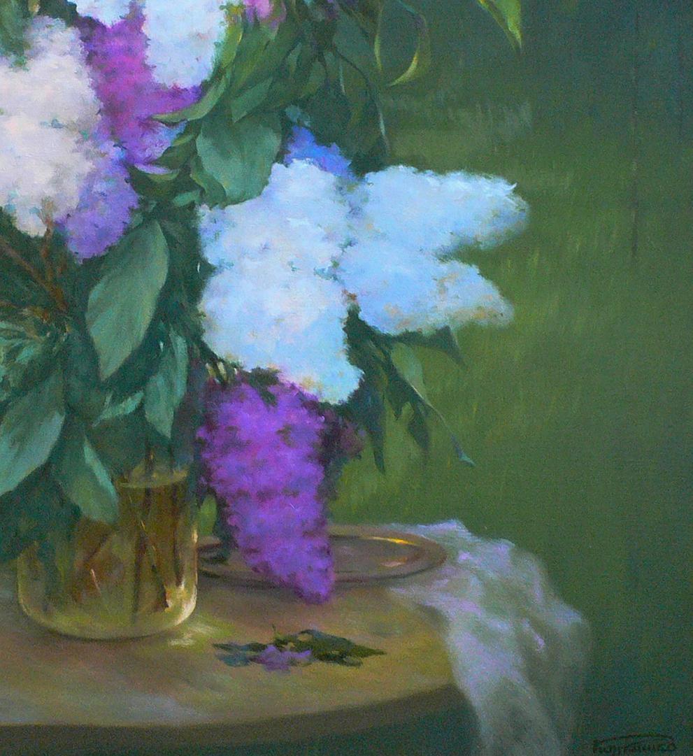Oil painting of lilac bouquet in vase by Vasily Korkishko