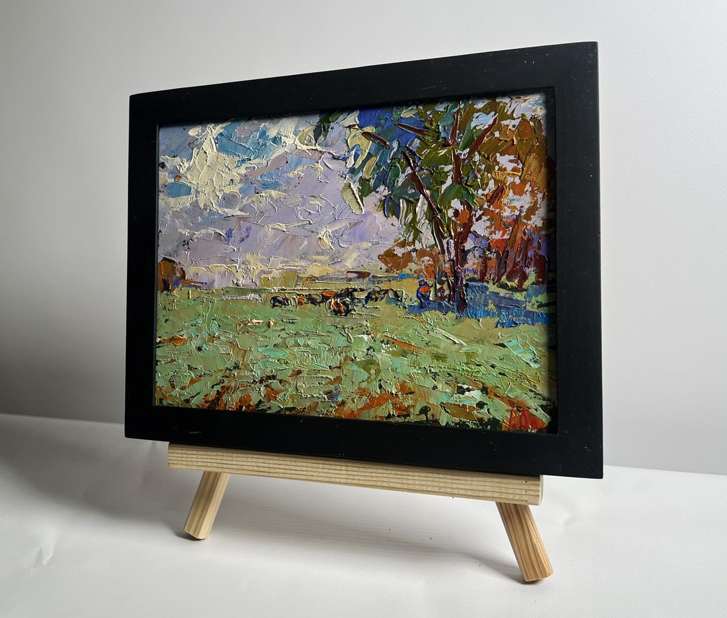 Oil painting Shepherd in the field by Oleksiy Ivanyuk in black frame