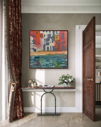 Oil painting Spots by Serhiy Kovalev: vibrant coastal village in frame