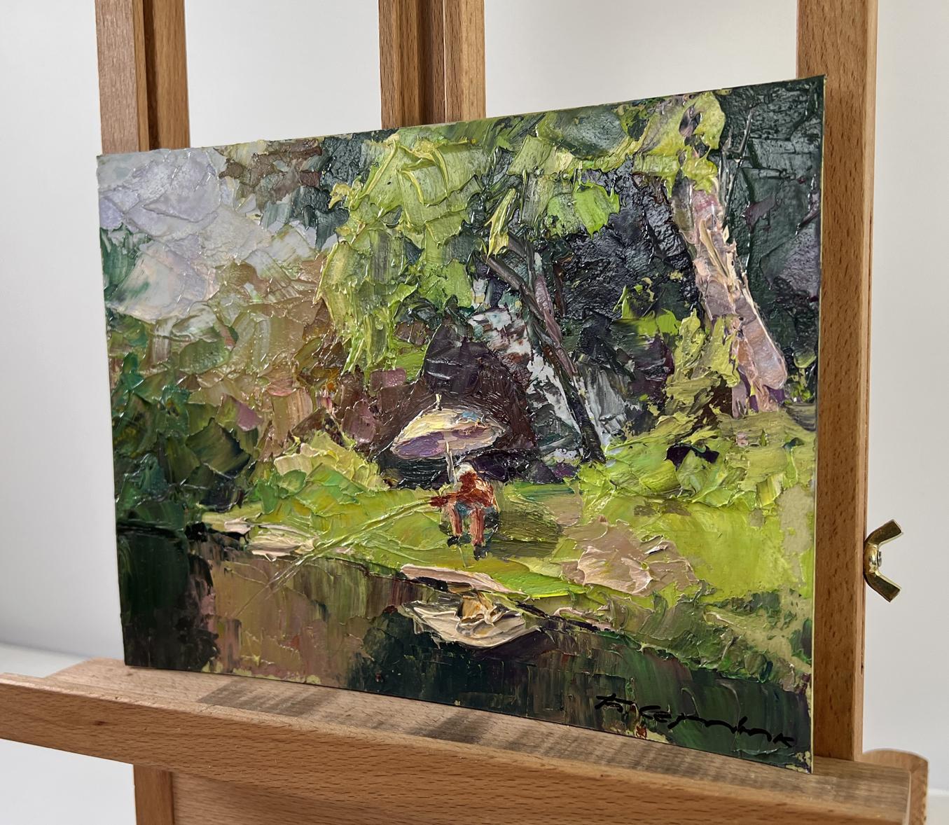 Oil painting Summer vacation by Boris Serdyuk: figure with umbrella in lush foliage