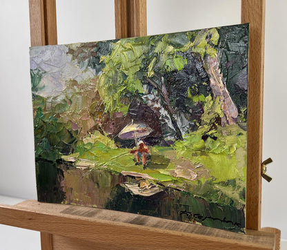 Oil painting Summer vacation by Boris Serdyuk: figure with umbrella in lush foliage