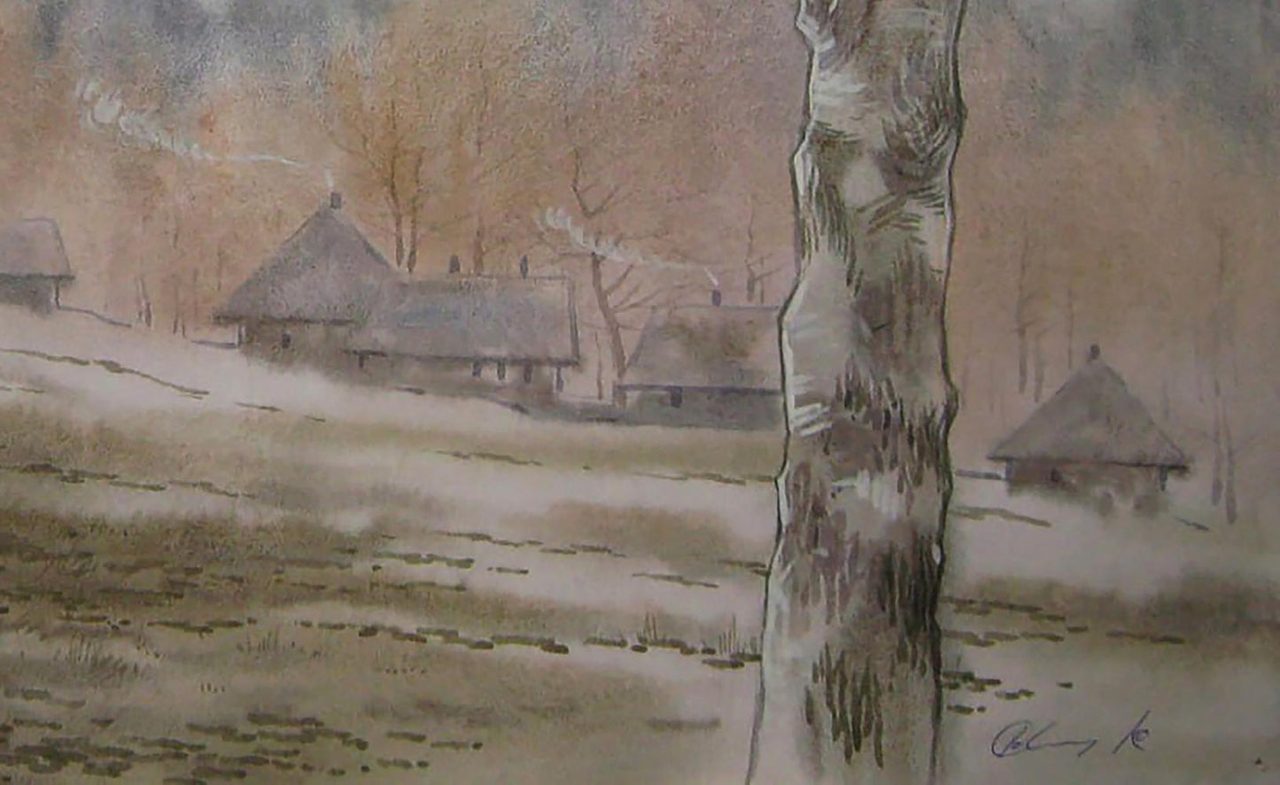 Watercolor painting of snowy village by Valery Savenets
