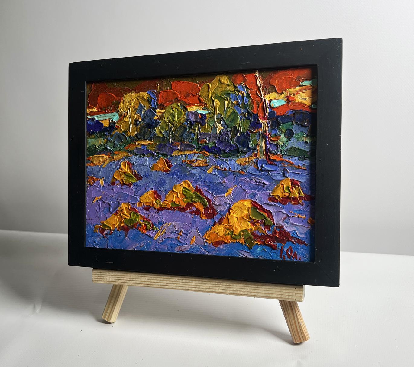 Oil painting Warm crimson evening by Oleksiy Ivanyuk in black frame