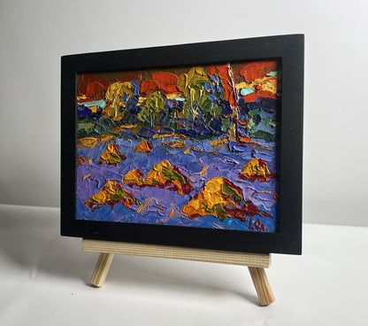 Oil painting Warm crimson evening by Oleksiy Ivanyuk in black frame