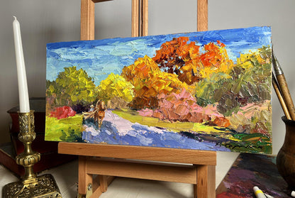 Golden autumn oil painting by Boris Serdyuk, vibrant impressionist trees