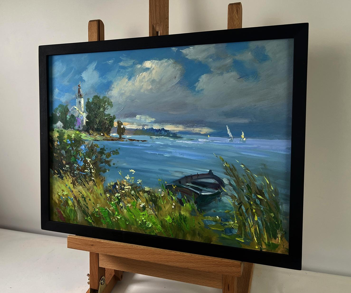 Framed oil painting of lonely boat on lakeside by Yuriy Suprunchuk
