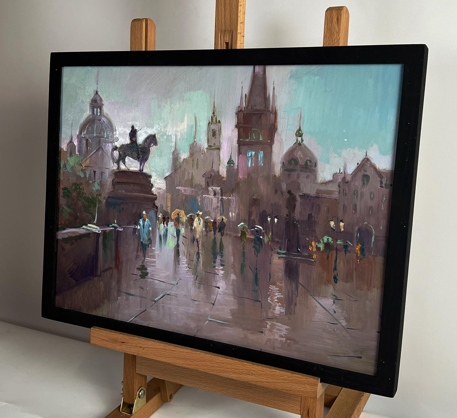Oil painting of Yuriy Suprunyuks rainy city central square in black frame