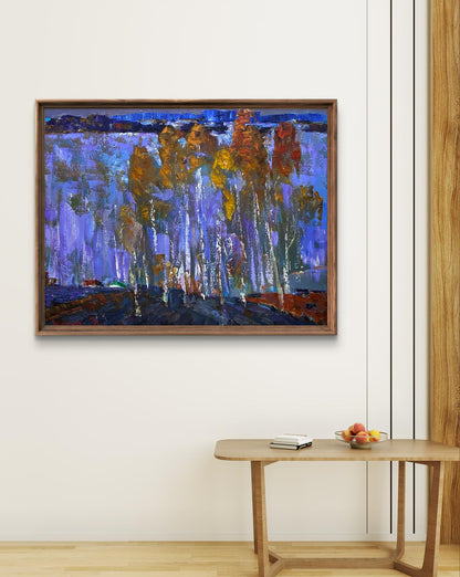 Framed oil painting Blue distance by Oleksiy Ivanyuk with stylized trees