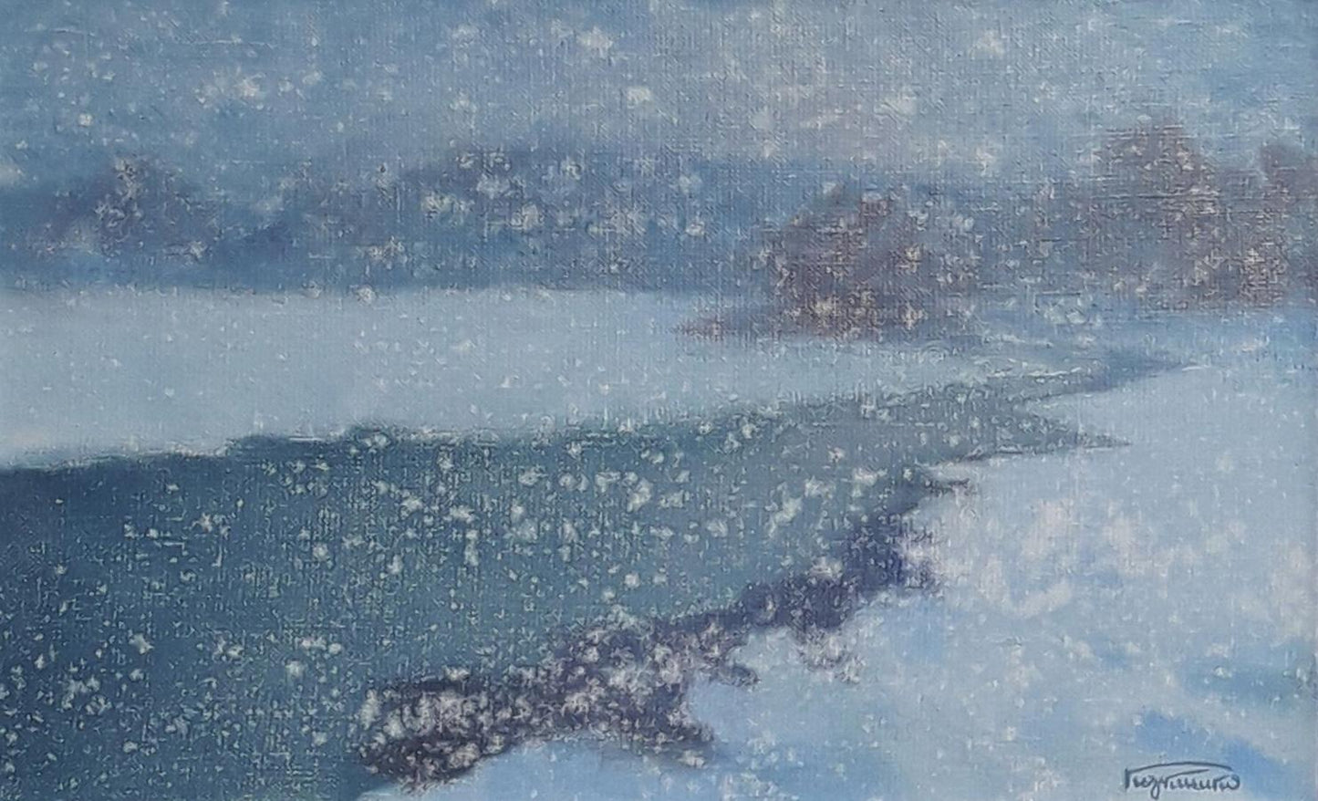 Serene snow storm oil painting by Vasily Korkishko, snowy shoreline