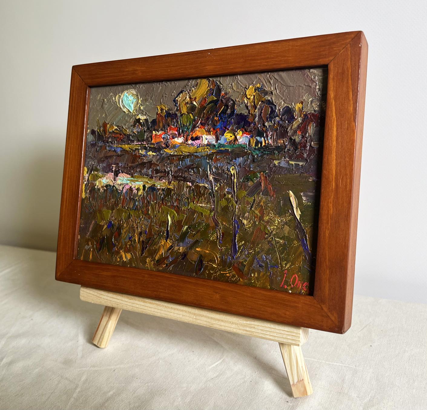 Oil painting Evening silence in the village by Oleksiy Ivanyuk in wooden frame
