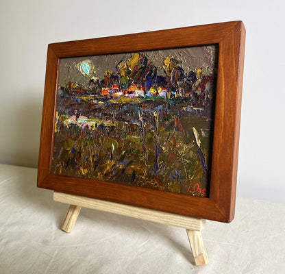 Oil painting Evening silence in the village by Oleksiy Ivanyuk in wooden frame