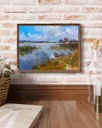 Framed impressionist oil painting of serene lake by Yuriy Suprunchuk