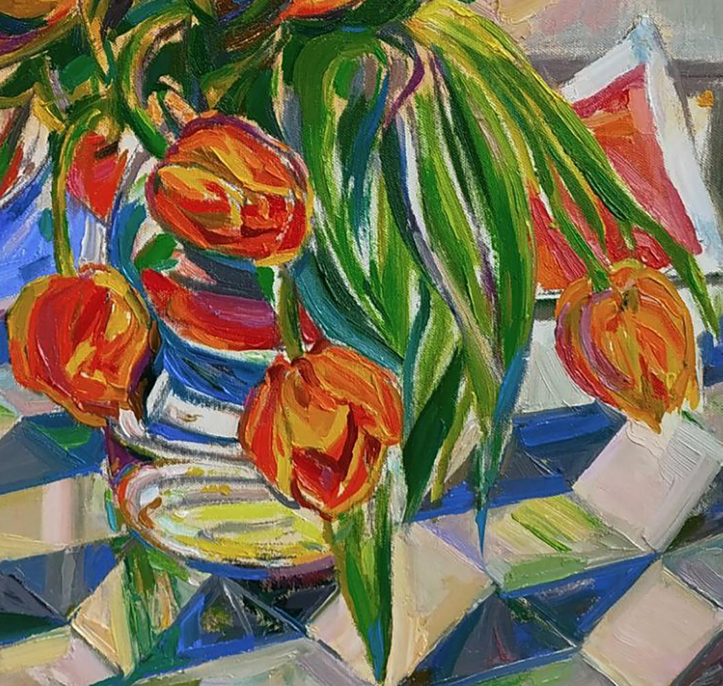 Oil painting of vibrant orange yellow tulips by Leonid Pavlenko