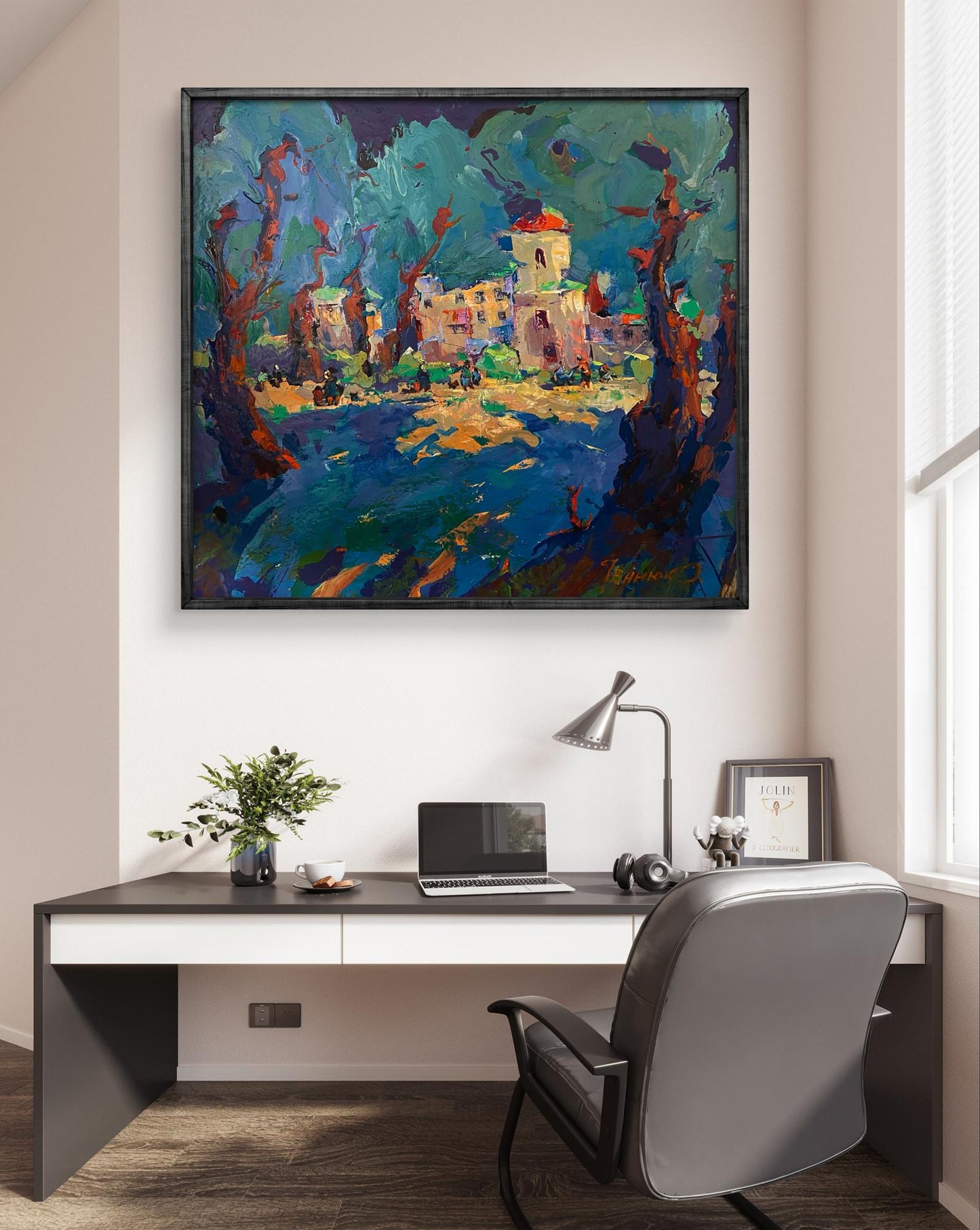 Oil painting Fairground Square by Oleksiy Ivanyuk, vibrant teal village scene