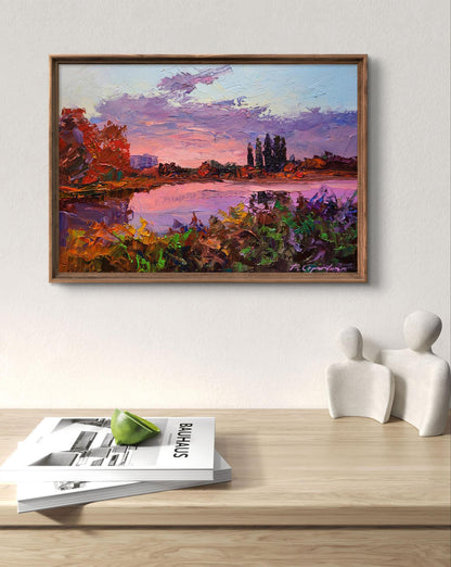 Oil painting Sunset over the river by Boris Serdyuk in wood frame