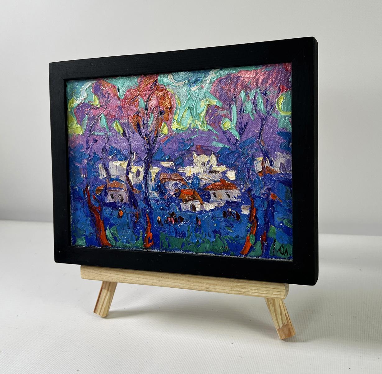 Oil painting Morning in the village by Oleksiy Ivanyuk in black frame
