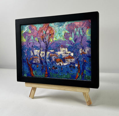 Oil painting Morning in the village by Oleksiy Ivanyuk in black frame