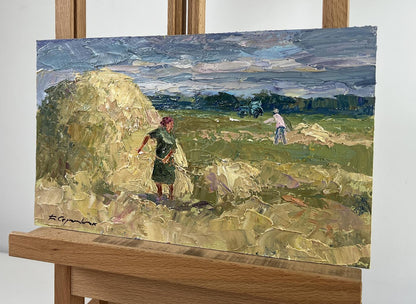 Oil painting by Boris Serdyuk: figures working in field under blue sky