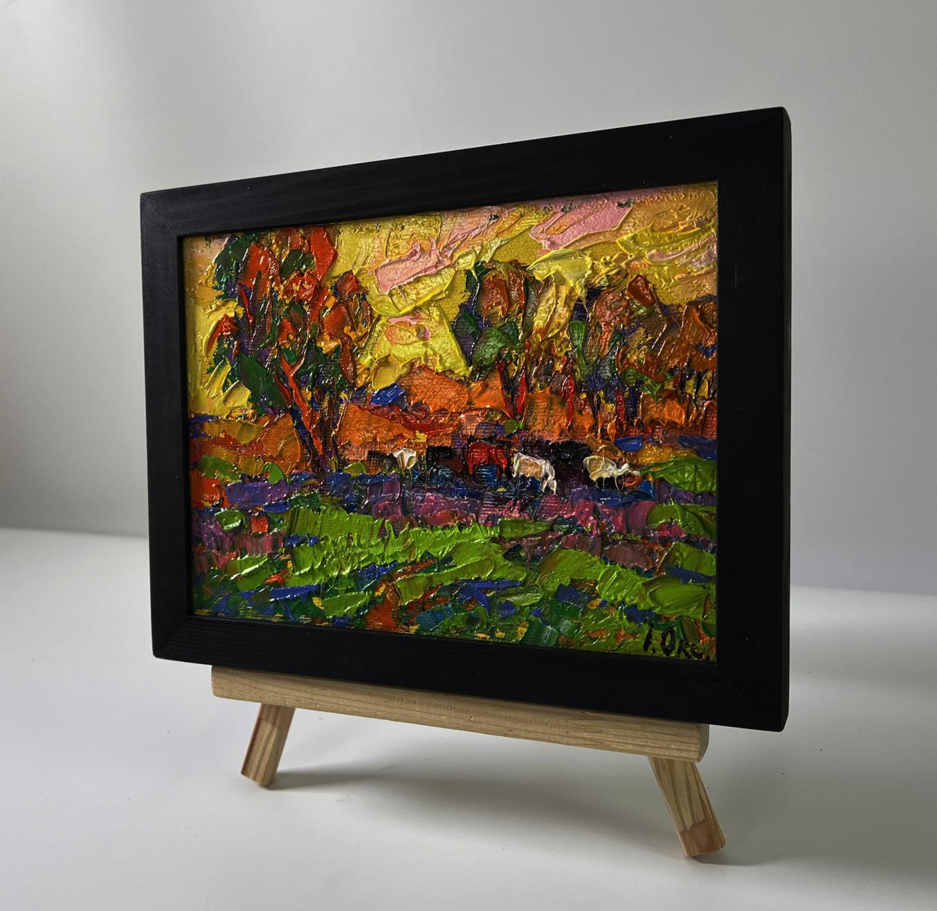 Oil painting Morning Meadows by Oksana Ivanyuk in black frame