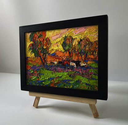 Oil painting Morning Meadows by Oksana Ivanyuk in black frame