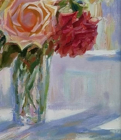 Vibrant impressionist oil painting of roses in vase on windowsill by Leonid Pavlenko
