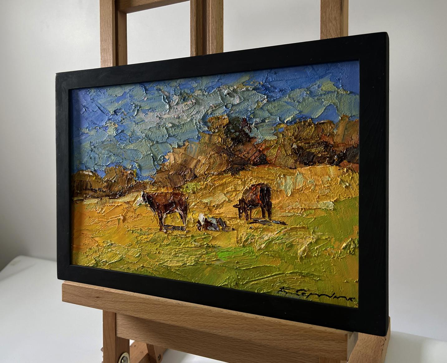 Oil painting Cows on the hill by Boris Serdyuk, framed cows grazing