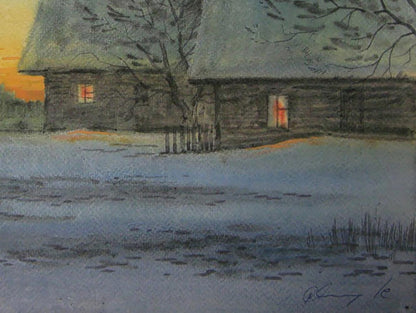 Watercolor painting of rustic log cabin in snowy village by Valery Savenets