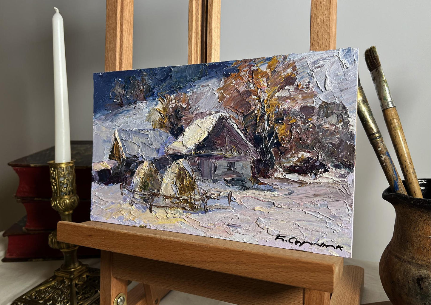 Oil painting Winter village evening by Boris Serdyuk impasto landscape
