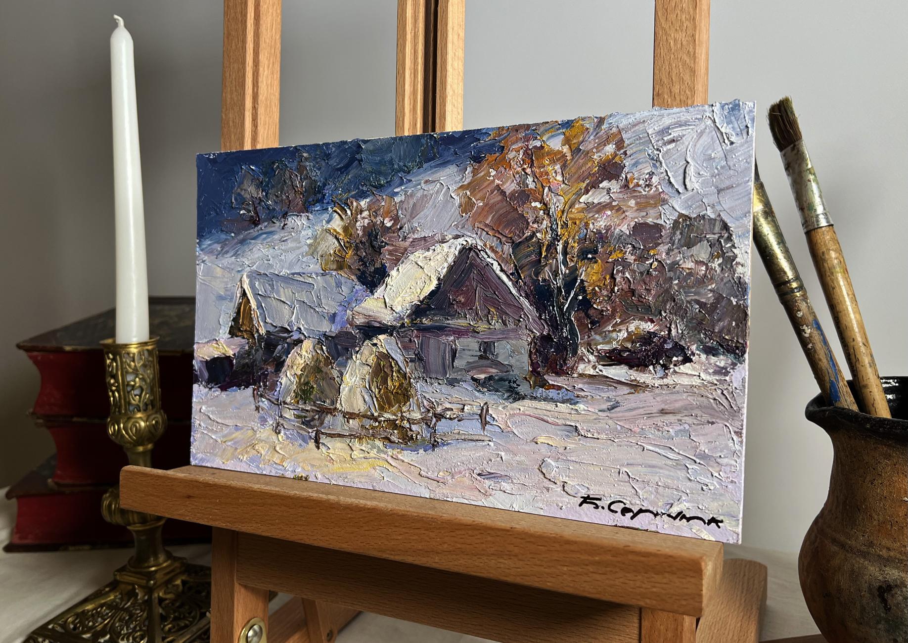 Oil painting Winter village evening by Boris Serdyuk impasto landscape