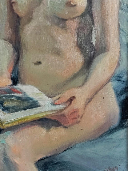 Impressionistic oil painting of female figure with wings holding open book by Oksana Osnach