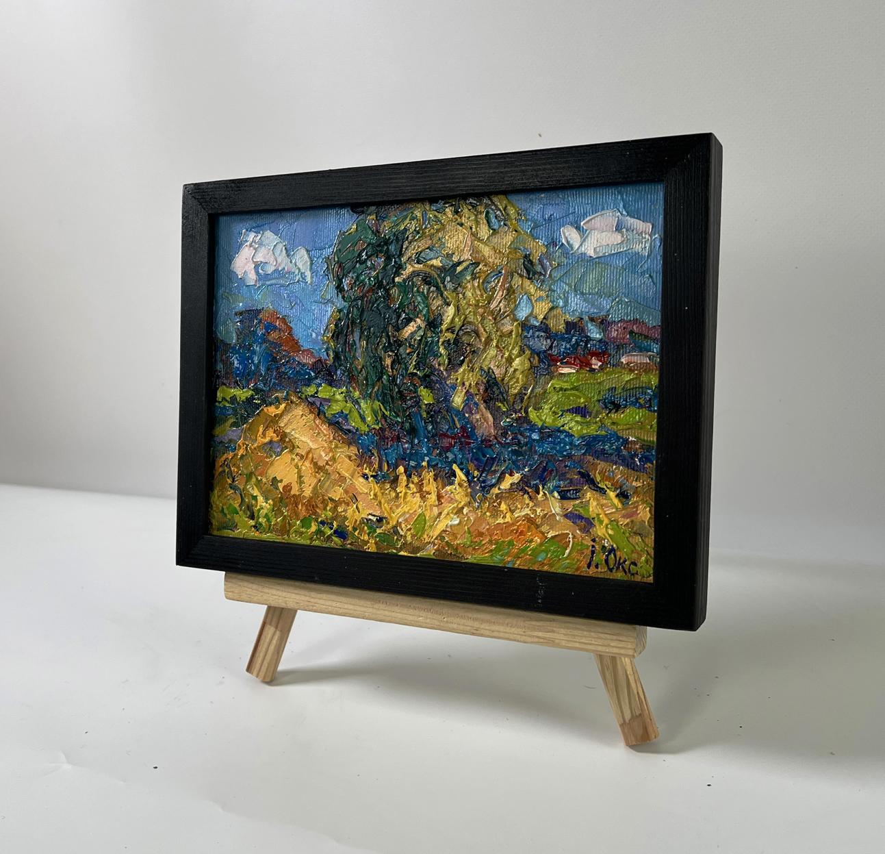 Oil painting Summer haymaking by Oksana Ivanyuk in black frame
