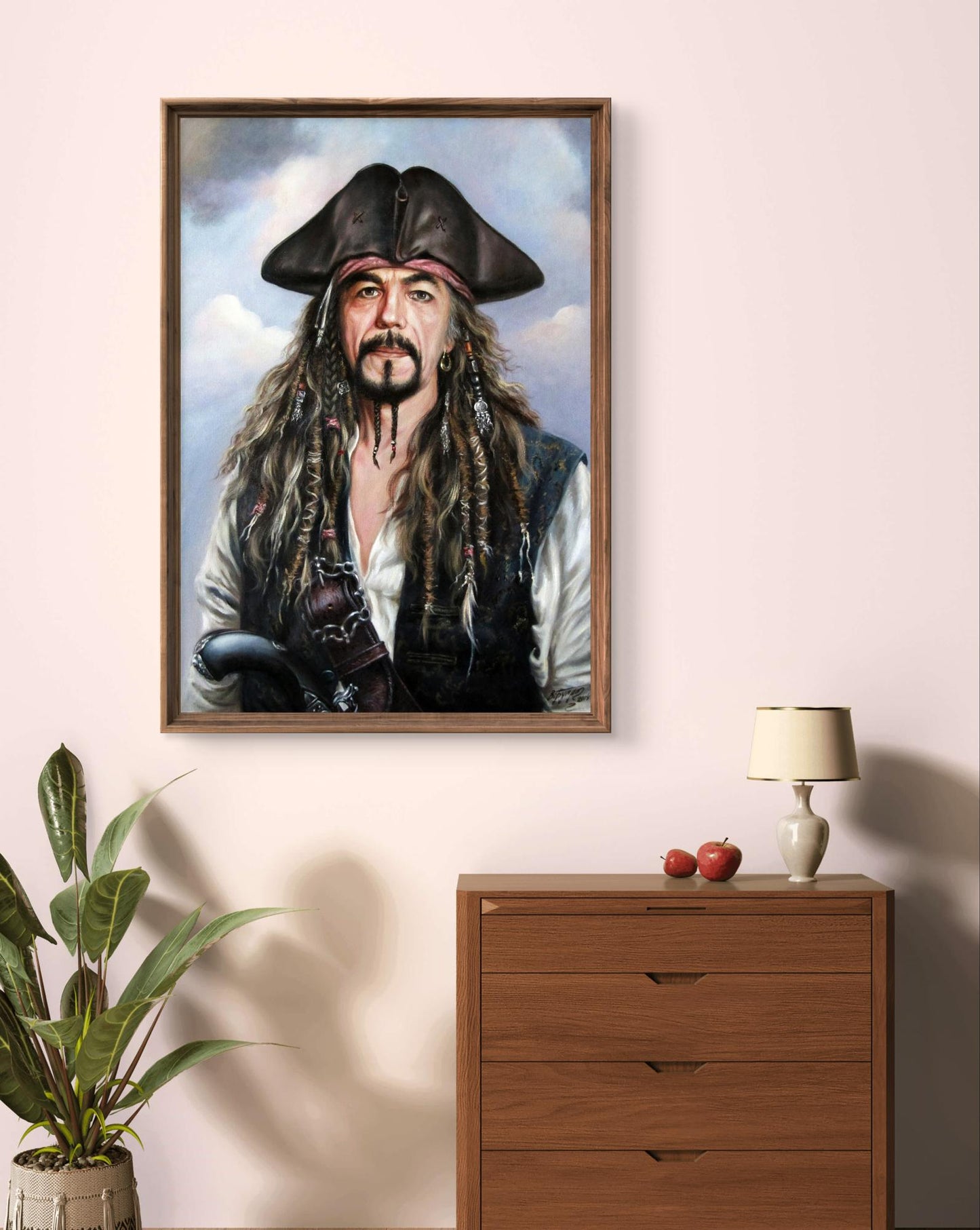 Oil painting of Jack Sparrow self-portrait by Valeriy Bulat, pirate in tricorn hat