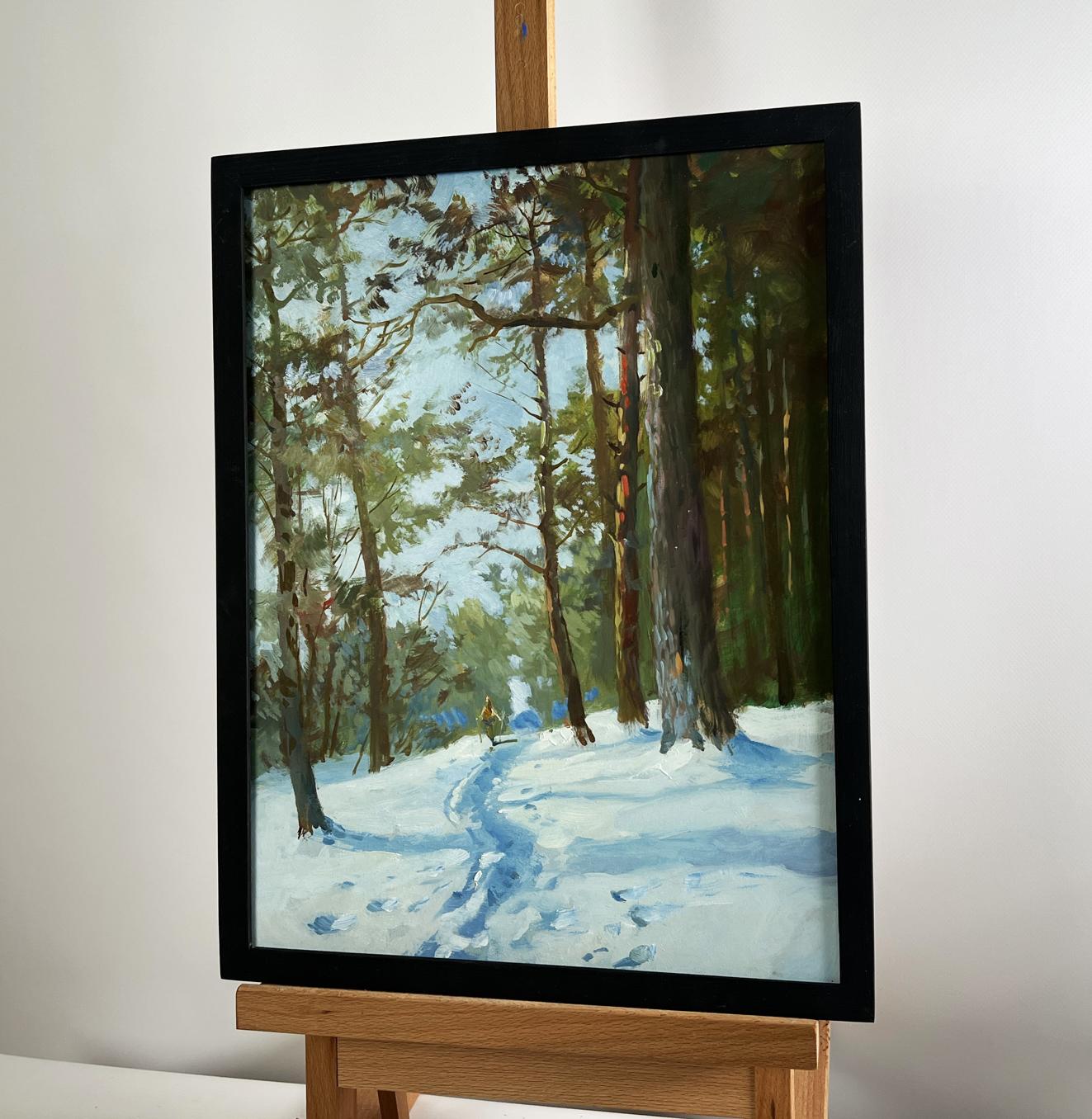 Oil painting by Yuriy Suprunchuk: impressionistic snowy forest path
