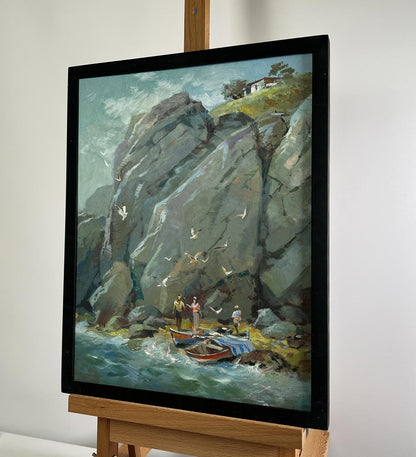 Framed oil painting Whisper of the Sea Waves by Yuriy Suprunchuk, coastal cliffs scene