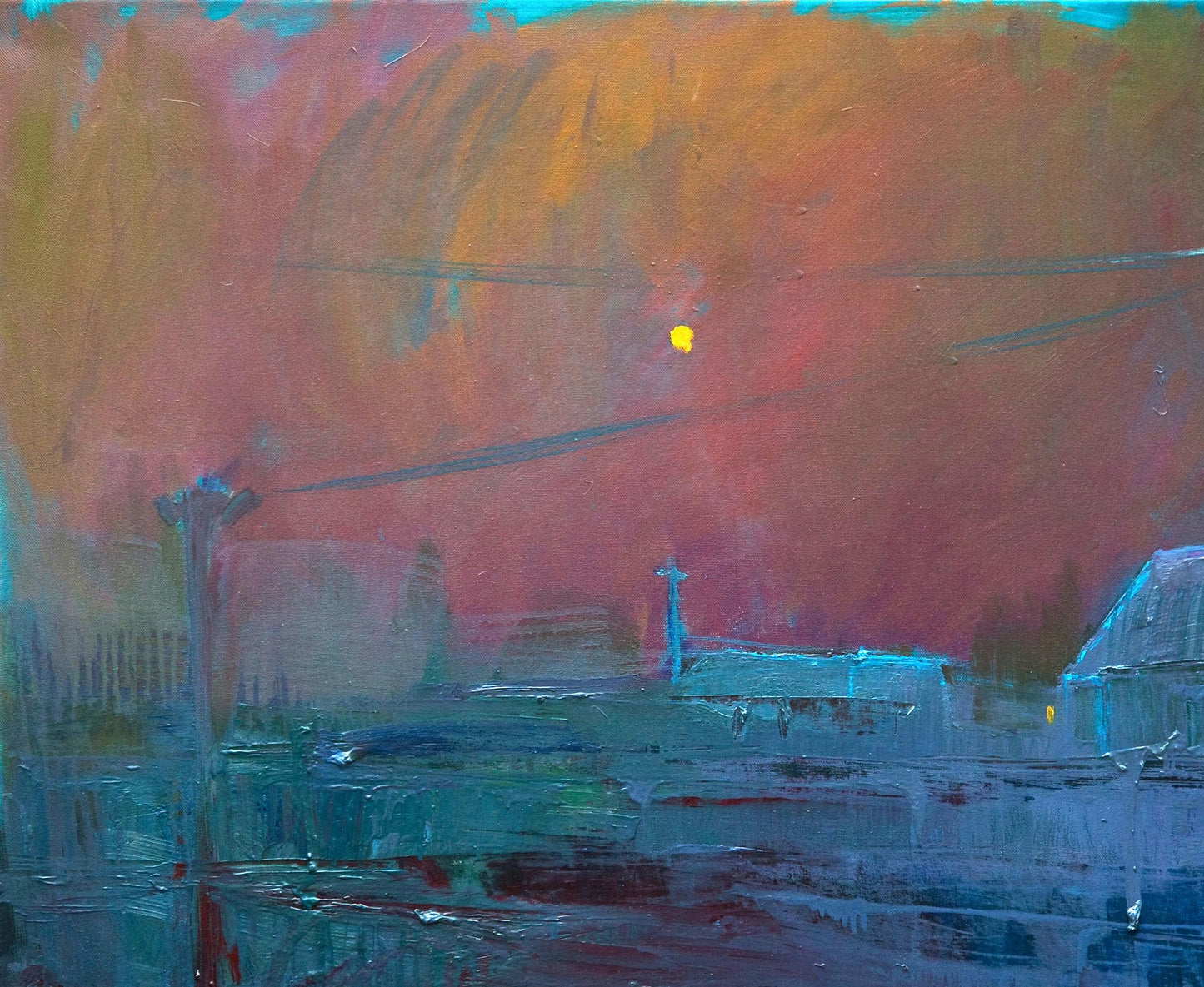 Oil painting Fog over the village by Natalia Korf-Ivaniuk with orange sky