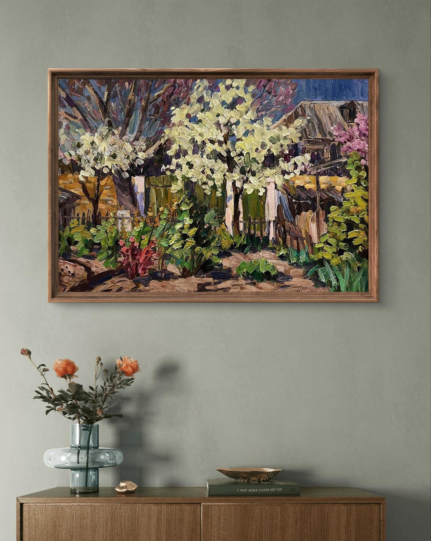 Oil painting Wild pear blossoms in the yard by Petro Kolomoytsev