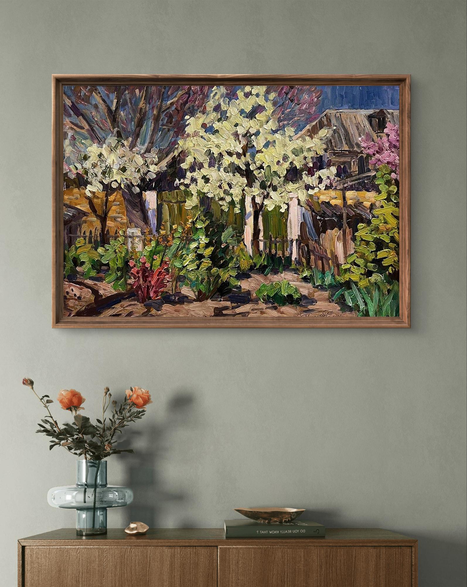 Oil painting Wild pear blossoms in the yard by Petro Kolomoytsev
