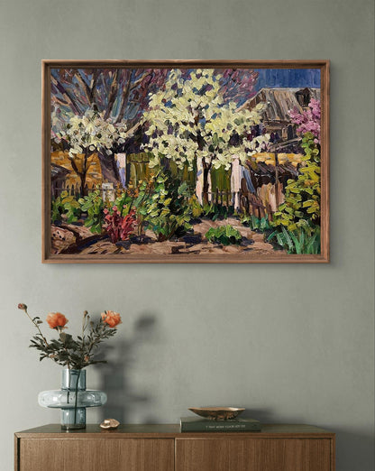 Oil painting Wild pear blossoms in the yard by Petro Kolomoytsev