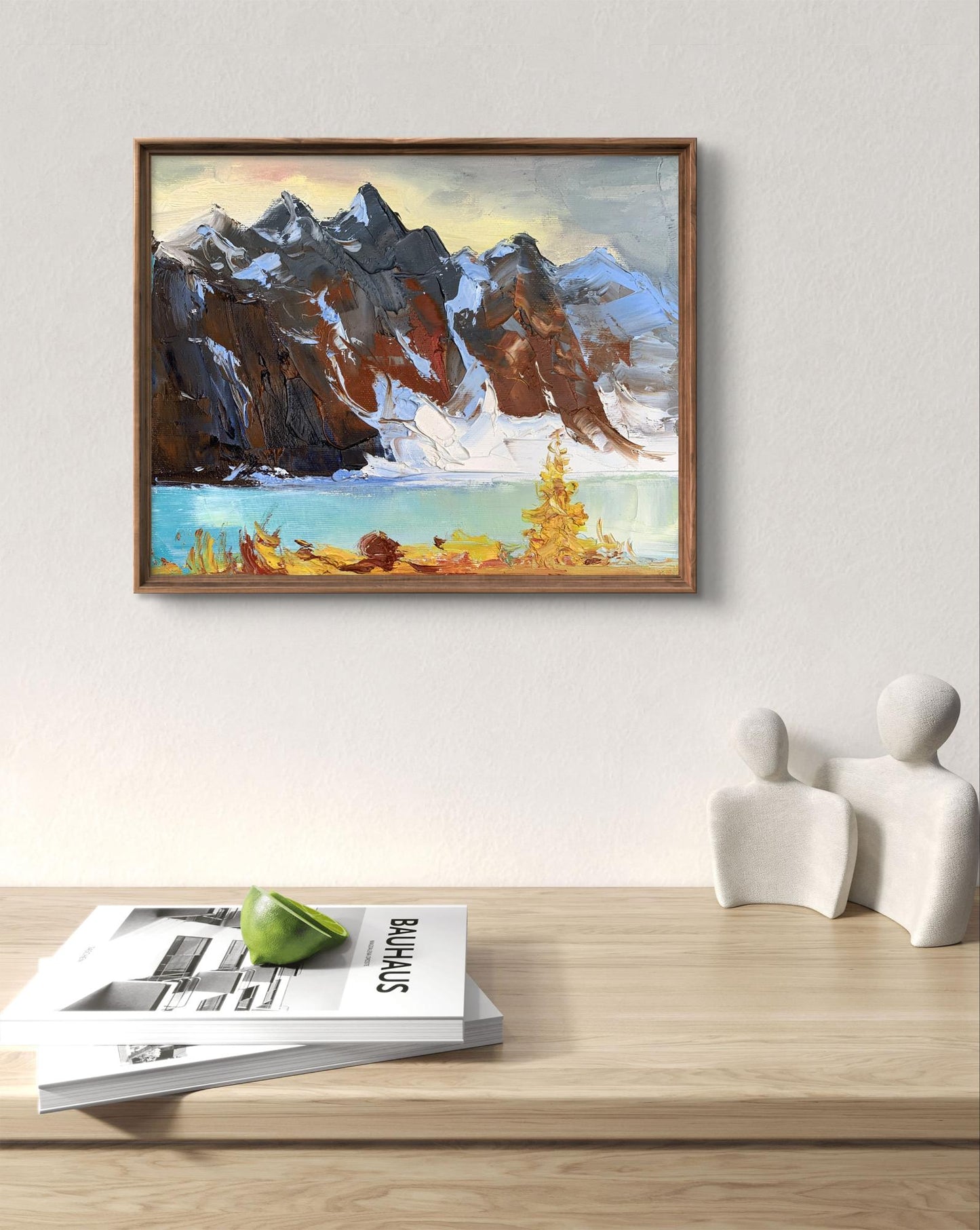 Framed oil painting of huge snow-capped mountains and turquoise lake by Tatyana Derdey