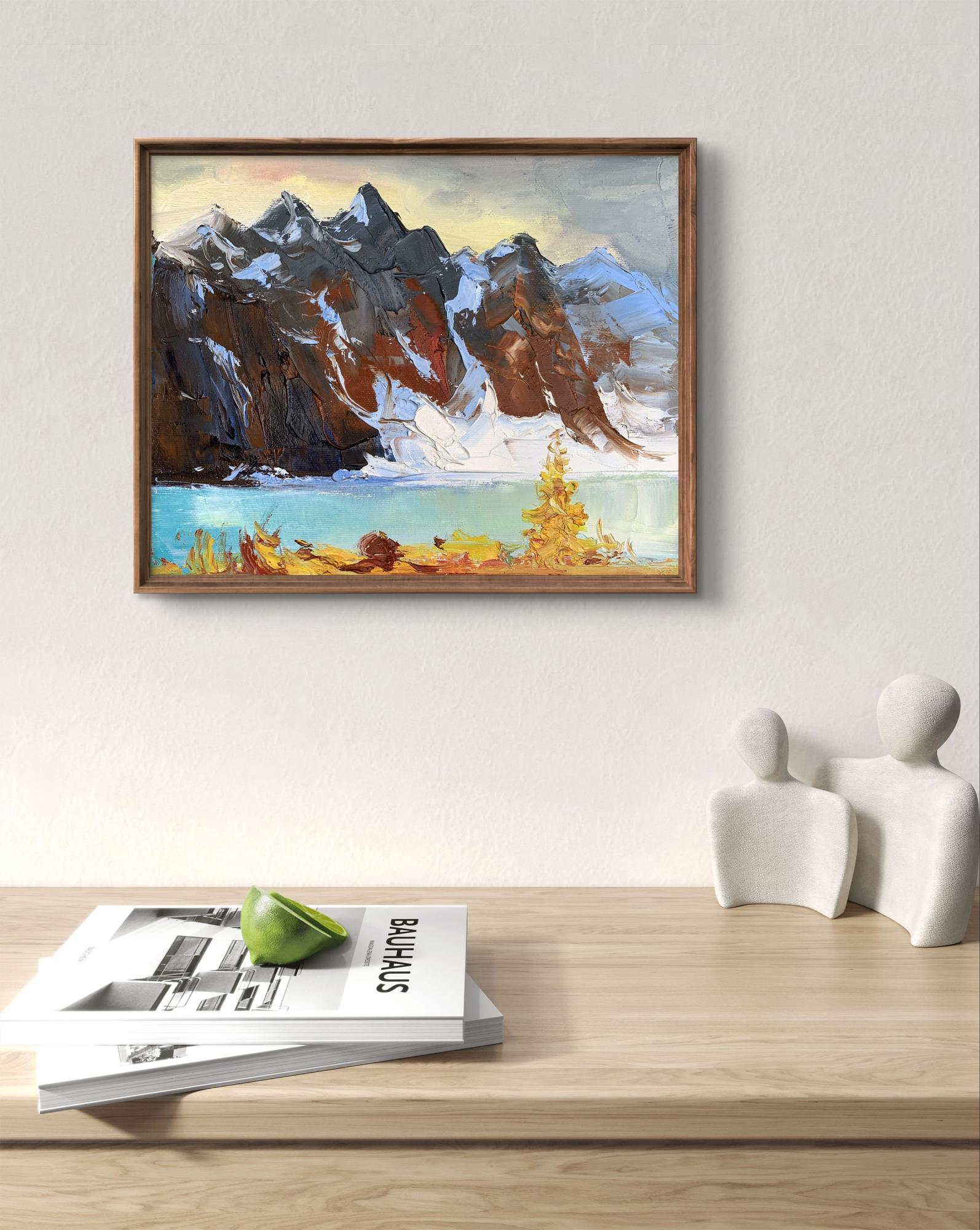 Framed oil painting of huge snow-capped mountains and turquoise lake by Tatyana Derdey