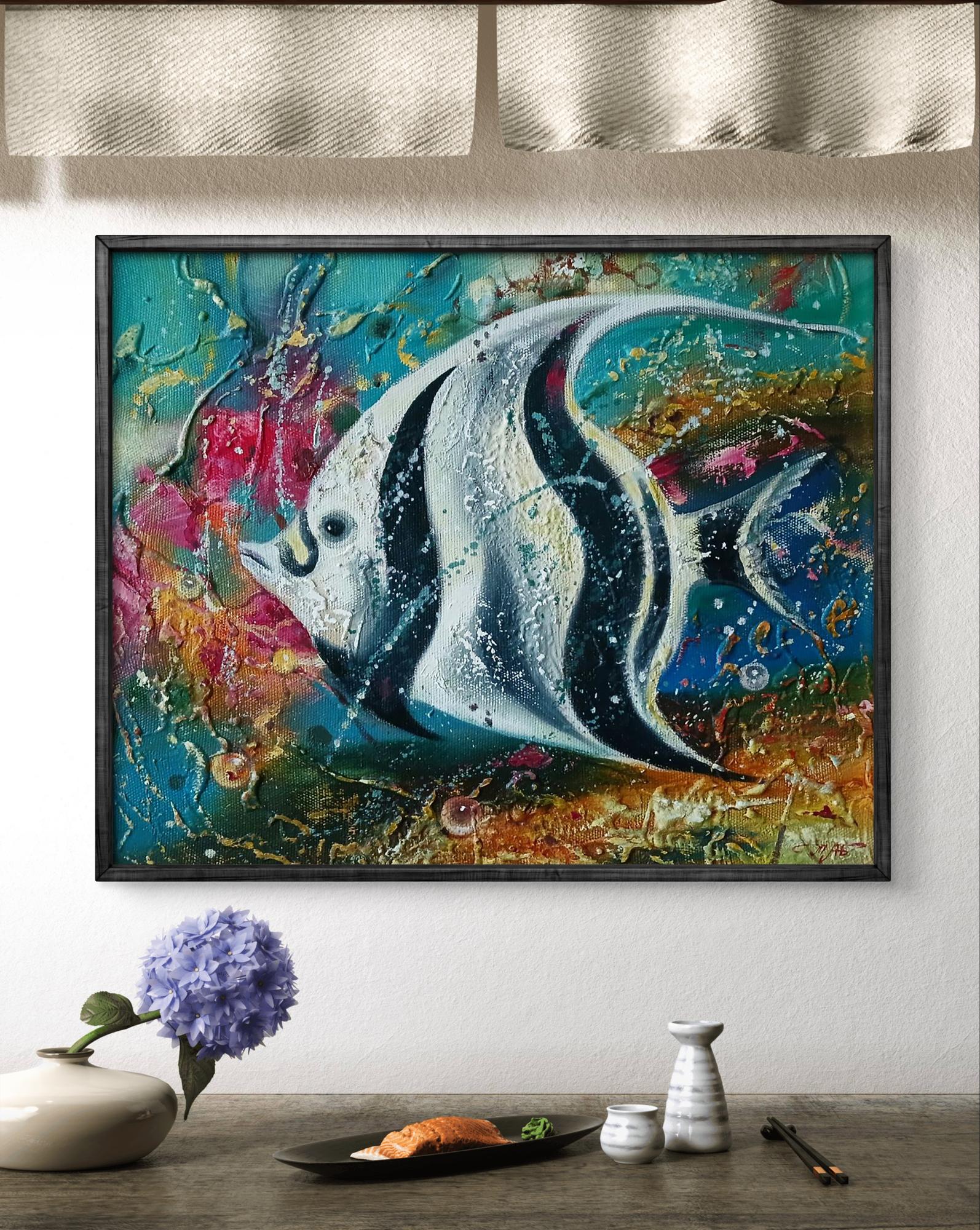 Abstract oil painting of silver black angelfish by Anatoly Tarabanov