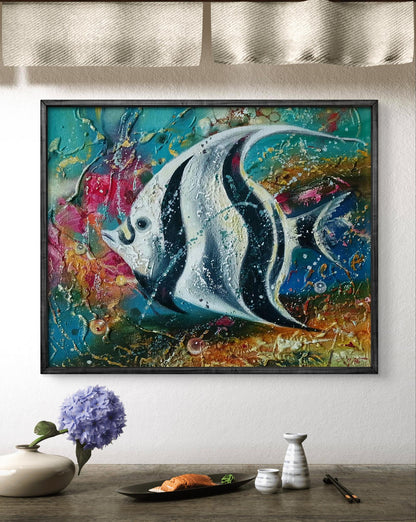 Abstract oil painting of silver black angelfish by Anatoly Tarabanov