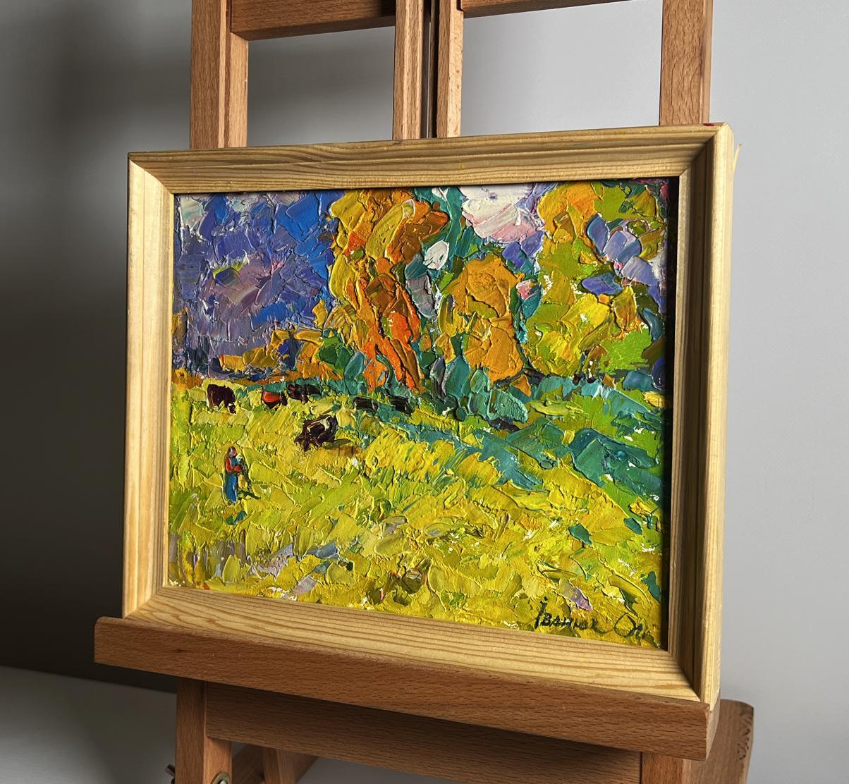 Oil painting of autumn meadows with breeze by Oleksiy Ivanyuk in wood frame