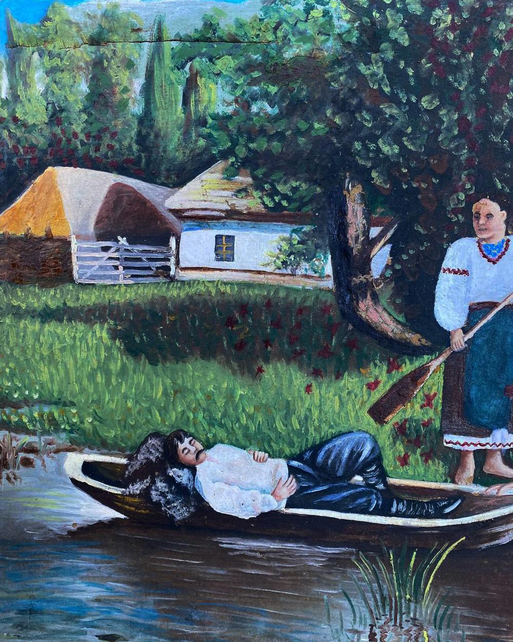 Oil painting of rustic rowboat with man relaxing by river